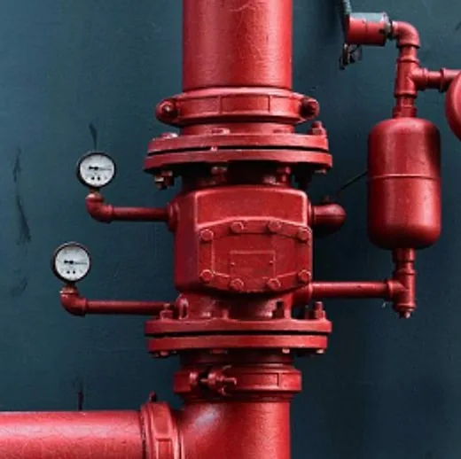 Red fire protection riser pipe with valve assembly and pressure gauges against a dark wall