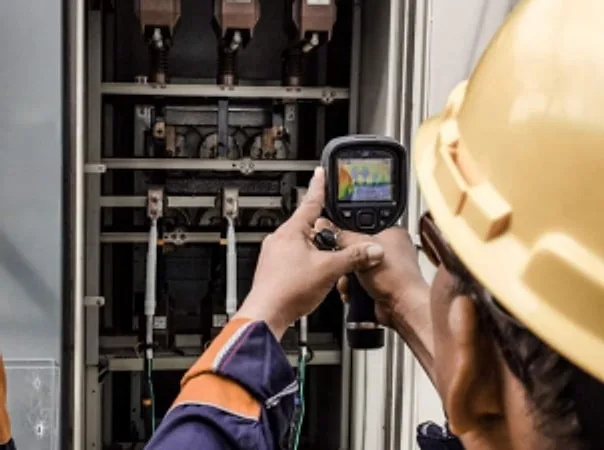 Technician using a thermal imaging camera on switchgear connections
